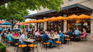 Outdoor dining at a lively restaurant in downtown Grand Prairie, Texas, showcasing local businesses benefiting from bonded construction and urban improvements.