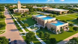 Aerial view of Haltom City, Texas government buildings and civic center surrounded by green space, showing modern architecture and city planning.