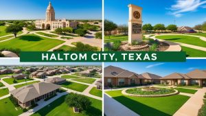 Collage of iconic landmarks and residential neighborhoods in Haltom City, Texas, including the city hall, welcome monument, and suburban homes under clear blue skies.