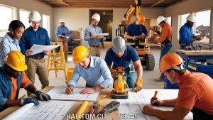 Construction professionals in Haltom City, Texas, working on architectural blueprints indoors with safety gear, illustrating teamwork in the building industry.