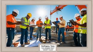 Construction crew meeting on-site in Harlingen, Texas under bright sun, reviewing digital plans and blueprints—emphasizing teamwork, compliance, and the importance of fast-tracked performance bonds in South Texas.

