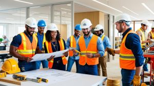 Construction team reviewing blueprints in a Huntsville, Texas commercial office development, wearing safety gear and hard hats.