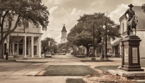 Historic downtown street view of Huntsville, Texas featuring a vintage courthouse and statue of General Sam Houston.