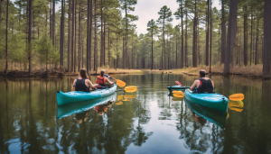 Group kayaking on the calm forested waters of Huntsville State Park, Texas, enjoying outdoor recreation in nature.