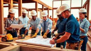 Construction workers and engineers on-site in Irving, Texas collaborating on structural plans, illustrating real-world use of performance bonds on active projects.