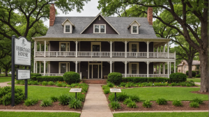 Historic Heritage House in Irving, Texas surrounded by greenery, representing the city’s blend of tradition and modern construction needs.
