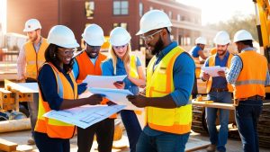 Construction professionals collaborating on blueprints at a Jackson, Tennessee site, with safety gear and visible teamwork during a sunny workday.