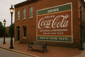 Vintage Coca-Cola mural on the side of a historic red brick building in Jackson, Tennessee, surrounded by classic street lamps and a wrought-iron bench on a quiet sidewalk.