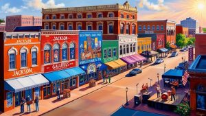 Colorful downtown Jackson, Tennessee with historic brick storefronts, local galleries, and a live band performing on a street stage during a sunny afternoon festival.