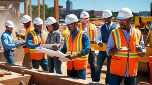 Diverse construction crew in Jackson, Tennessee reviewing blueprints on an active job site with safety vests and hard hats, with downtown buildings in the background.