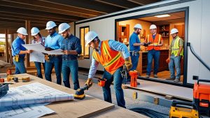 Killeen, Texas builders using tools and reviewing floor plans in front of a mobile construction office, demonstrating teamwork and bonding compliance in active development projects.