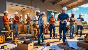 Construction team in Killeen, Texas reviewing blueprints and plans at a job site, highlighting collaboration in public and private building projects.