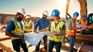 Killeen, Texas contractors wearing safety gear reviewing construction drawings on a sunny job site with excavators in the background, emphasizing project management and site planning.