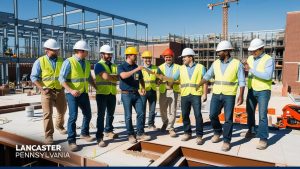 Group of construction professionals celebrating at a commercial job site in Lancaster, Pennsylvania, demonstrating teamwork, project success, and the value of performance bond compliance.