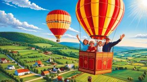 Colorful hot air balloons soaring over the scenic farmland of Lancaster, Pennsylvania, highlighting the city’s vibrant rural charm and family-friendly atmosphere.