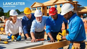 Diverse construction crew collaborating on a new building project in Lancaster, Pennsylvania, symbolizing the region’s growth and demand for bid, performance and payment surety bonds.