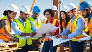 Construction crew in Laredo, Texas reviewing blueprints at an active commercial job site with steel framework in the background.