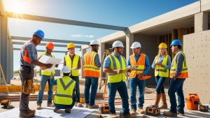 Group of diverse engineers and project managers in Laredo, TX collaborating on construction blueprints at an urban development site.


