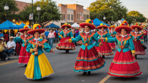 Women in vibrant folkloric dresses performing traditional Mexican dance during a street parade in Laredo, TX cultural festival.