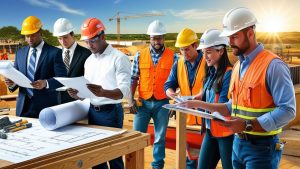 Multiracial construction team in Longview, Texas discussing building plans at a solar infrastructure project with cranes and materials in the background.