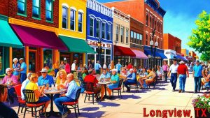 Downtown Longview, Texas – Colorful storefronts and busy outdoor dining scene with locals enjoying food and conversation on a sunny day.