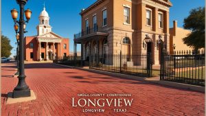 Historic Gregg County Courthouse in Longview, Texas featuring red brick streets, classic architecture, and iconic lampposts under a clear blue sky.