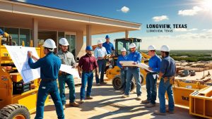 Construction workers and engineers reviewing blueprints on a commercial job site in Longview, Texas with yellow equipment and panoramic views.