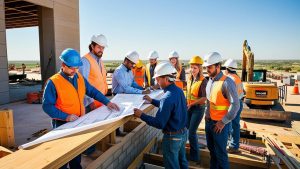 Construction workers and engineers in safety gear reviewing blueprints on a commercial job site in Lubbock, Texas with open landscape in the background.