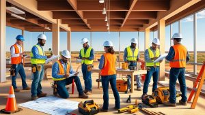 Group of construction professionals in Lubbock, Texas collaborating indoors on a new development project with tools, safety gear, and architectural plans.