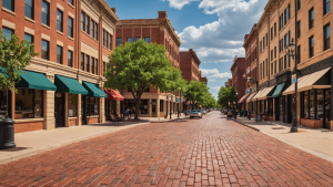 Scenic view of historic brick-paved street in downtown Lubbock, Texas lined with early 20th-century storefronts and leafy green trees.