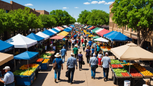Construction workers and engineers in safety gear reviewing blueprints on a commercial job site in Lubbock, Texas with open landscape in the background.