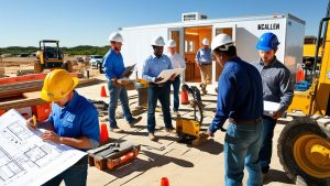Construction workers at an active McAllen, Texas job site near a mobile project office, demonstrating project management and compliance with local performance bond requirements.