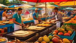 Local street food vendors cooking fresh tortillas and grilled dishes at a colorful open-air market in McAllen, Texas, highlighting the city’s vibrant community and small business economy.