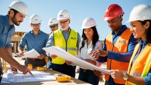 Construction professionals in McAllen, Texas reviewing blueprints on a job site, symbolizing collaboration and the role of performance bonds in public and private building projects.