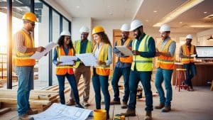 Team of construction workers collaborating indoors on building plans in McKinney, Texas, showcasing teamwork in commercial construction environments.