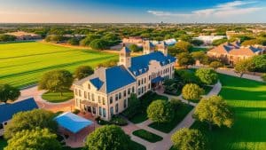 Aerial view of a historic building with a blue roof in McKinney, Texas, surrounded by green fields and tree-lined streets on a sunny day.