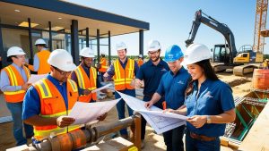Diverse group of construction professionals in safety gear reviewing blueprints on an active job site in McKinney, Texas, with machinery in the background.