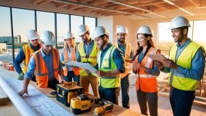 Construction team in Mesquite, Texas reviewing building plans indoors, wearing hard hats and safety vests with city skyline in the background.