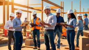 Construction management team in Midland, Texas using tablets on-site with steel framing in the background, collaborating during a sunny day.