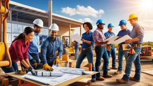 Team of diverse contractors collaborating on a Mission, Texas construction project with architectural plans and heavy equipment in the background.