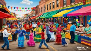 Downtown Mission, Texas street festival with colorful decorations, traditional Mexican attire, and vibrant local food vendors during a cultural celebration.