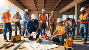 Construction workers in Mission, Texas reviewing blueprints on-site while preparing for a large-scale commercial building project.