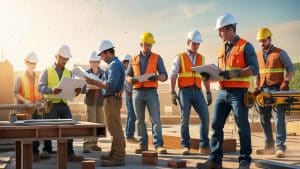 Construction workers with safety gear examining plans at an outdoor job site in Missouri City, Texas—showcasing teamwork and the need for performance bonds on municipal projects.
