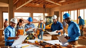 Construction crew reviewing blueprints inside a commercial building under development in Missouri City, TX—highlighting the importance of performance bonds in city construction.