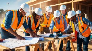 Diverse team of builders collaborating on architectural plans at a construction site in Murfreesboro, Tennessee, demonstrating teamwork and project planning.