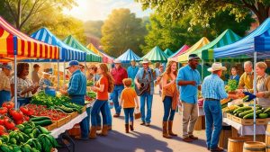 Colorful Murfreesboro, Tennessee farmers market with local vendors, fresh produce, families, and live music on a sunny afternoon. 