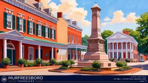 Historic downtown Murfreesboro, Tennessee featuring red brick buildings, colonial architecture, and the iconic public monument in the town square.
