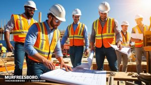 Construction workers in Murfreesboro, Tennessee wearing safety vests and hard hats review blueprints on a commercial job site under clear skies.