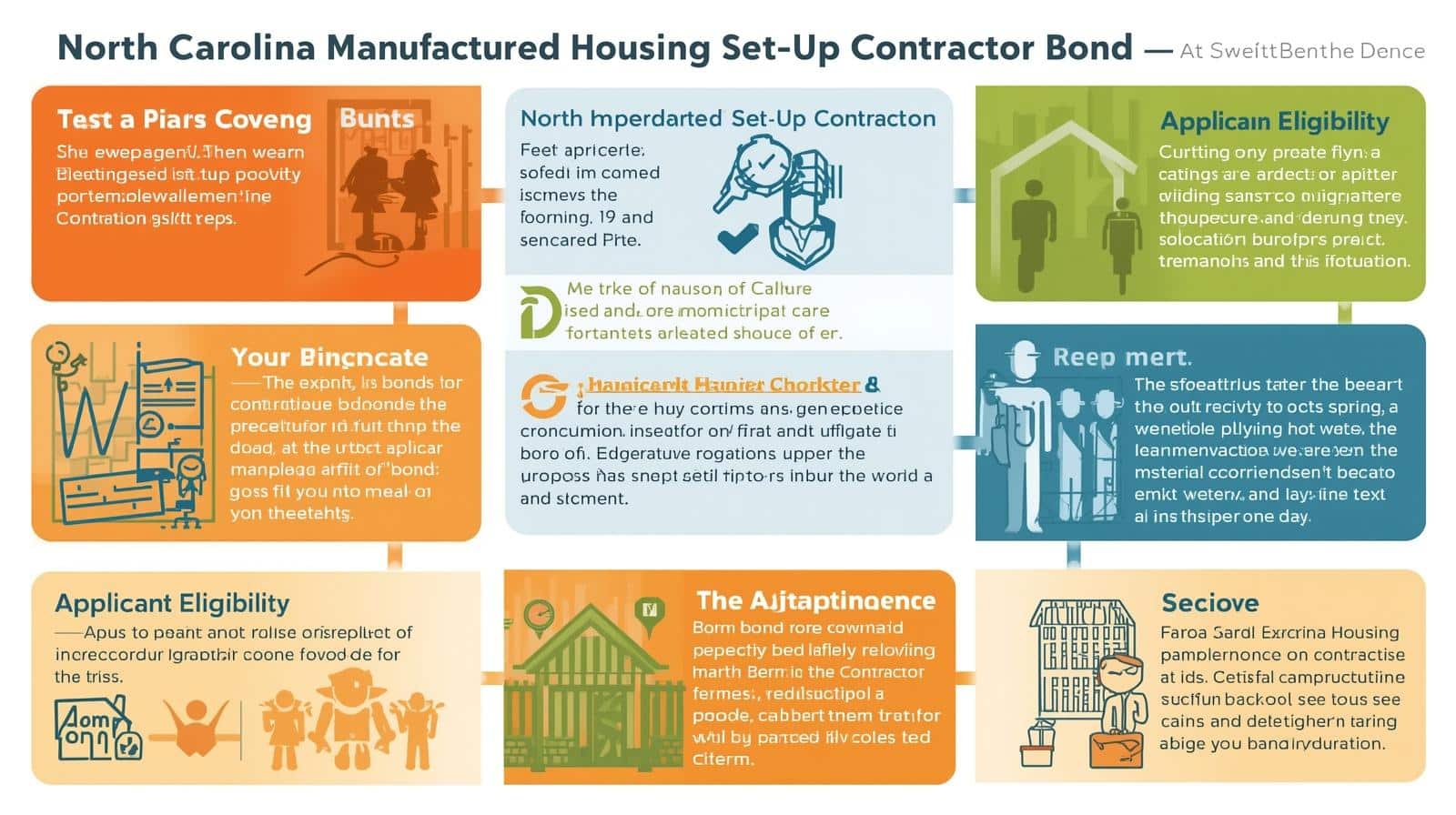 Visual breakdown of eligibility, bond purpose, and contractor responsibilities for North Carolina Manufactured Housing Set-Up Contractor Bond.