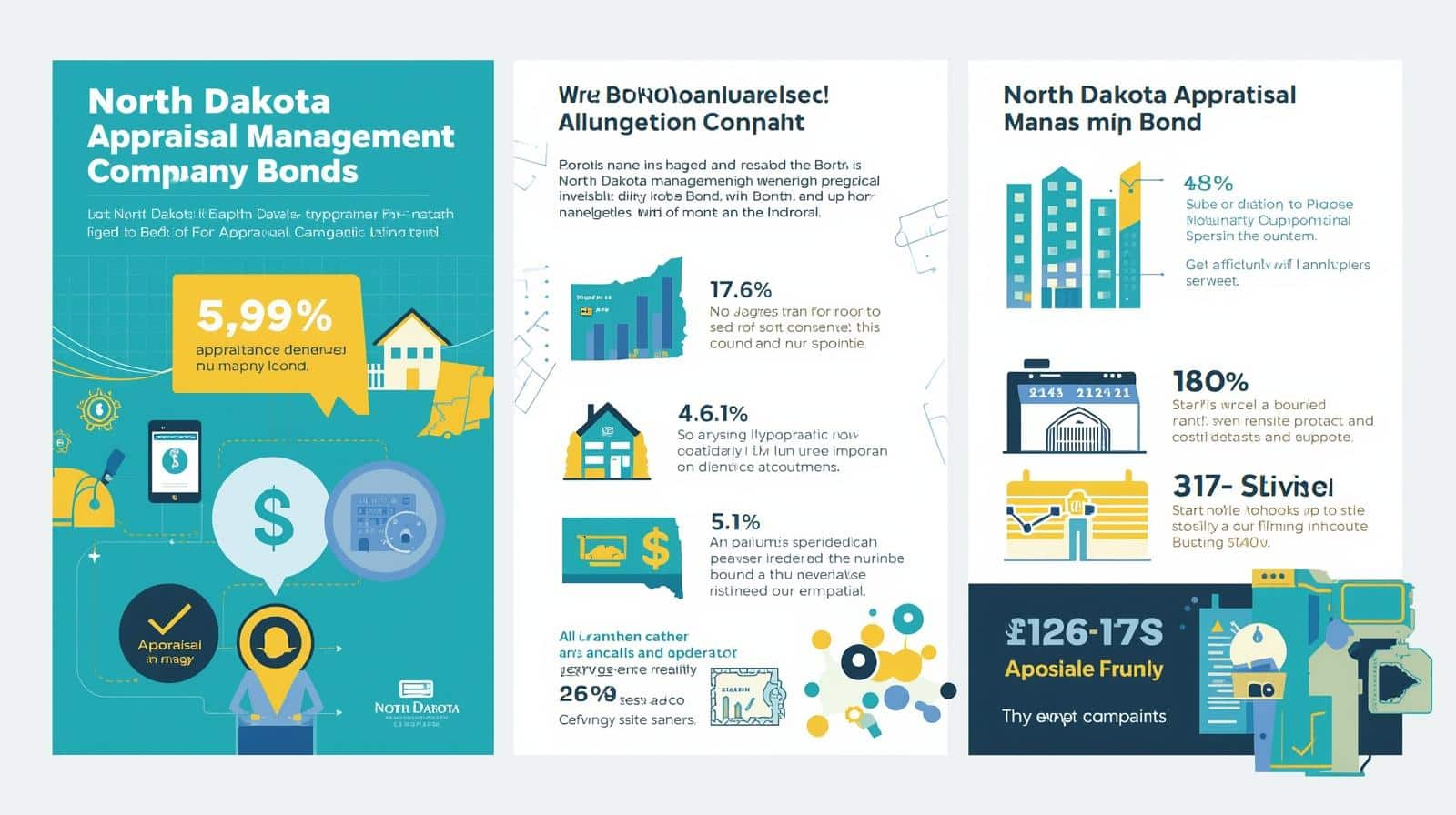 North Dakota Appraisal Management Company bond infographic highlighting application requirements, financial details, and industry statistics.
